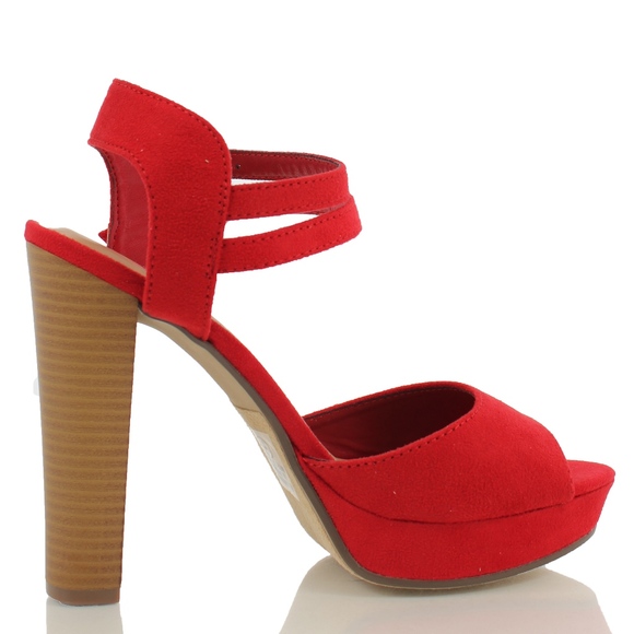 Red open toe double strap Stacked Heel Sandal - Picture 3 of 7